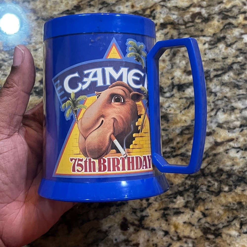 Vintage 1988 Joe Camel 75th Birthday Blue Plastic Insulated Mug Stein Tobacco